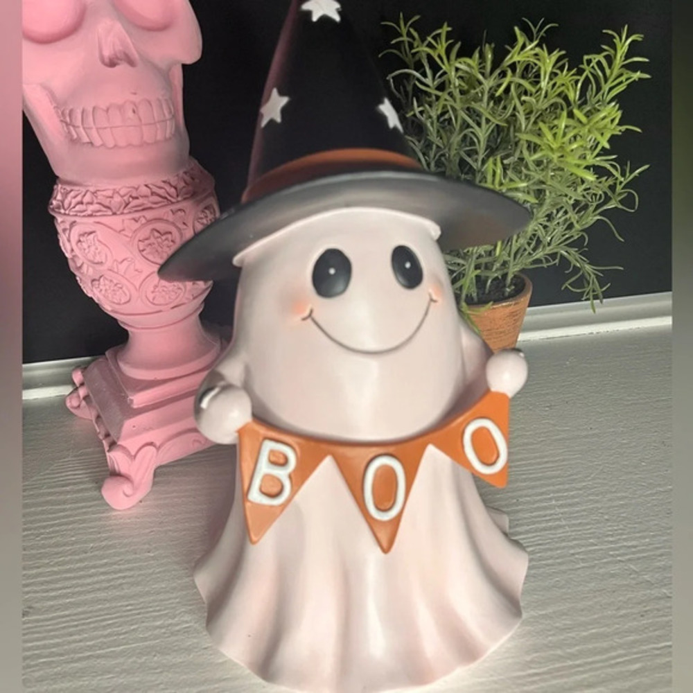 Pink BOO Ghost Halloween Figure Witch Hat Resin Decor 12" NWT